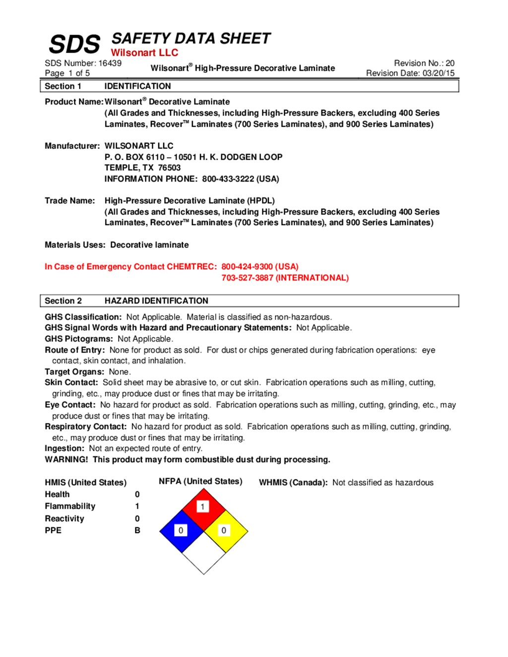 Wilsonart HPL Material Data Safety Sheet