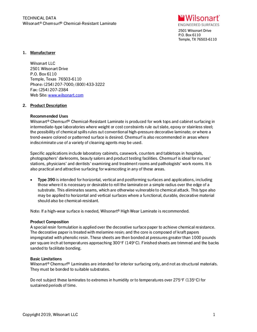 Wilsonart Chemsurf Technical Data Sheet