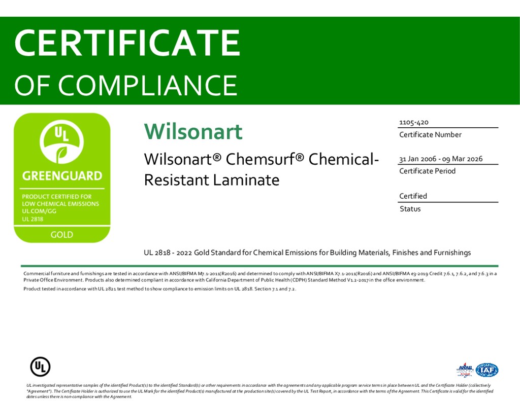 Wilsonart Chemsurf Greenguard Gold certificate