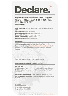 Wilsonart HPL Declare certificate